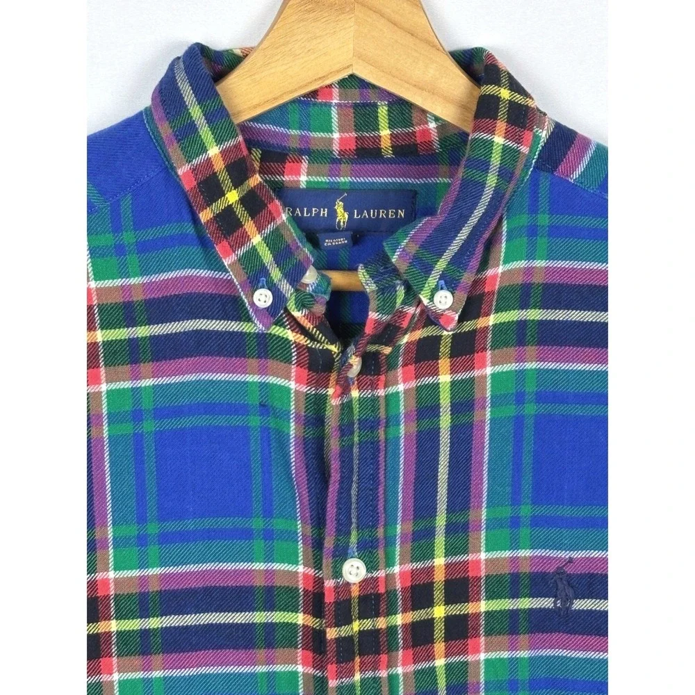 NWOT Ralph Lauren Boys Blue Plaid Flannel Button Down Shirt Size L 14-16 Cotton